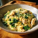 A bowl of creamy lemon chicken orzo mixed with wilted spinach, topped with grated parmesan cheese and lemon zest.