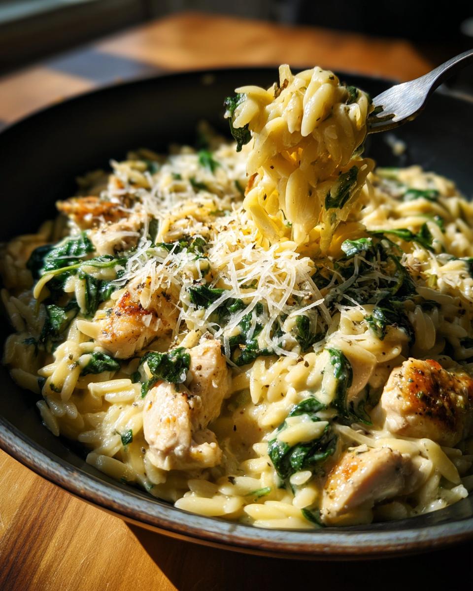A fork lifts a bite of creamy lemon chicken orzo mixed with wilted spinach and topped with grated Parmesan cheese.