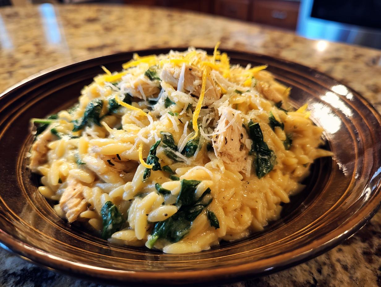 A close-up of creamy lemon chicken orzo mixed with spinach, topped with shredded cheese and lemon zest.