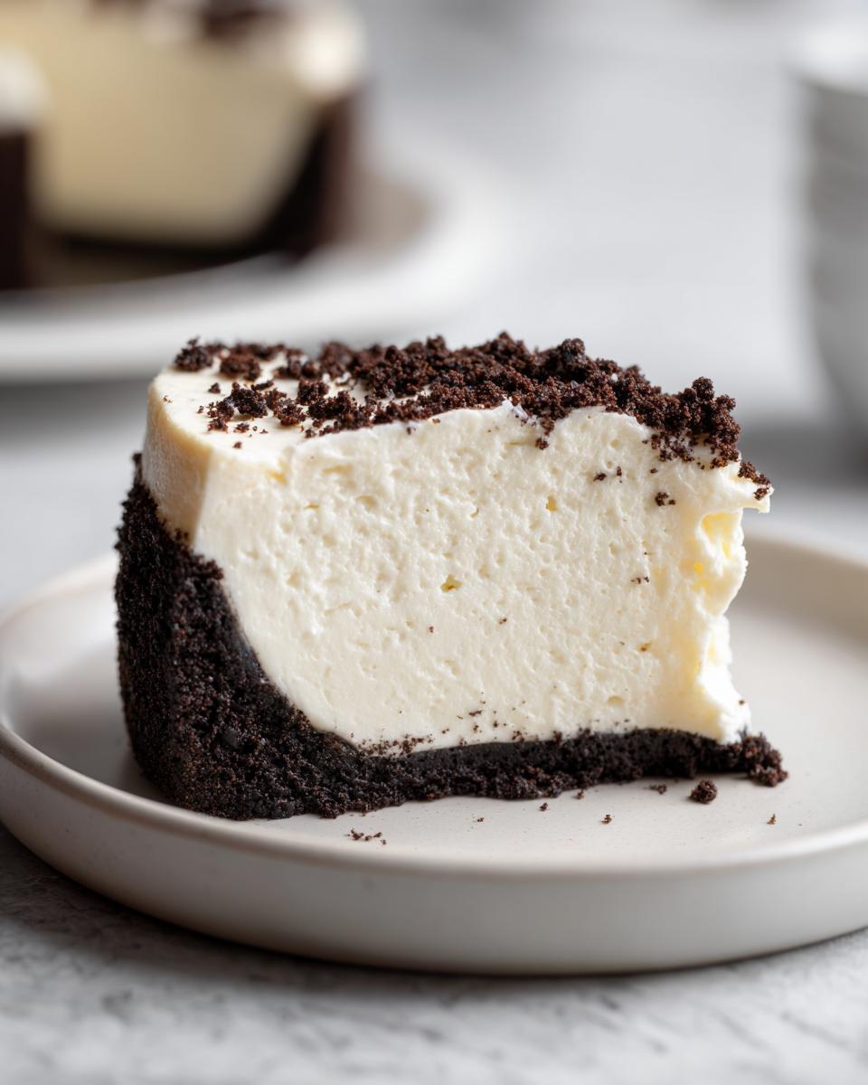 A thick slice of creamy, white no bake cheesecake with a dark chocolate cookie crust and crumb topping.