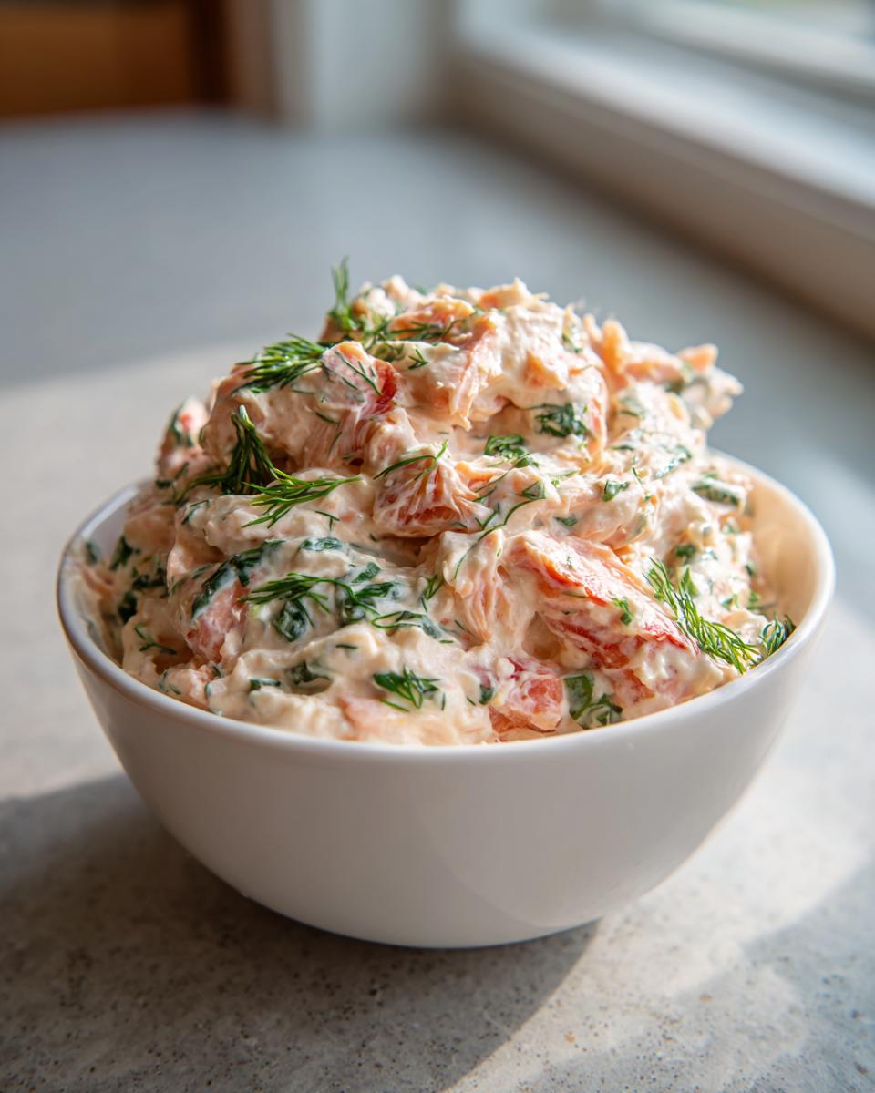 A close-up of a generous serving of creamy salmon dip mixed with herbs, served in a white bowl.
