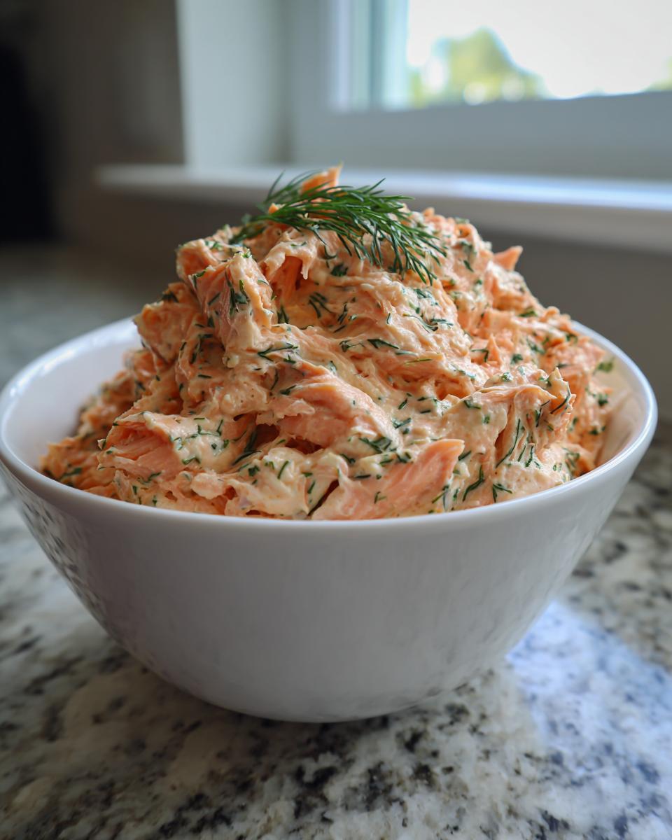 A generous serving of creamy salmon dip mixed with dill, topped with fresh dill, ready to serve.