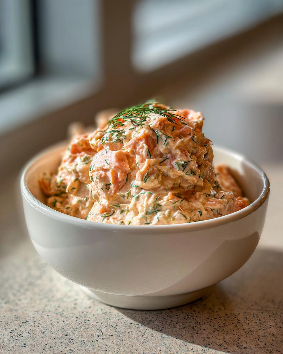 A white bowl filled with chunky, creamy salmon dip topped with fresh dill sprigs.