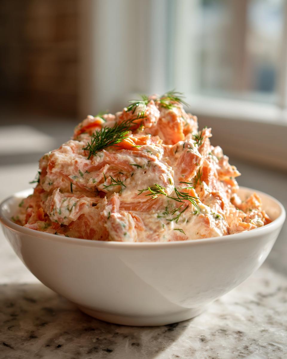 A generous mound of creamy salmon dip mixed with herbs and topped with fresh dill sprigs in a white bowl.