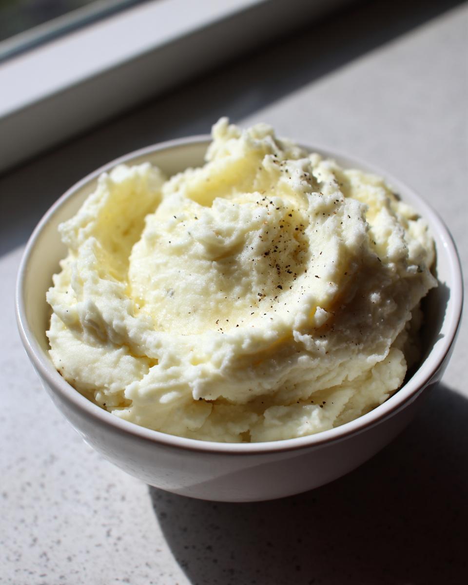 A close-up of creamy, fluffy slow cooker mashed potatoes topped with melted butter and black pepper in a white bowl.