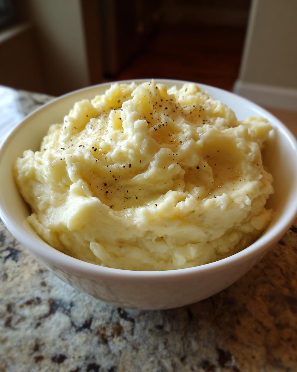 A white bowl filled with fluffy slow cooker mashed potatoes, topped with melted butter and black pepper.