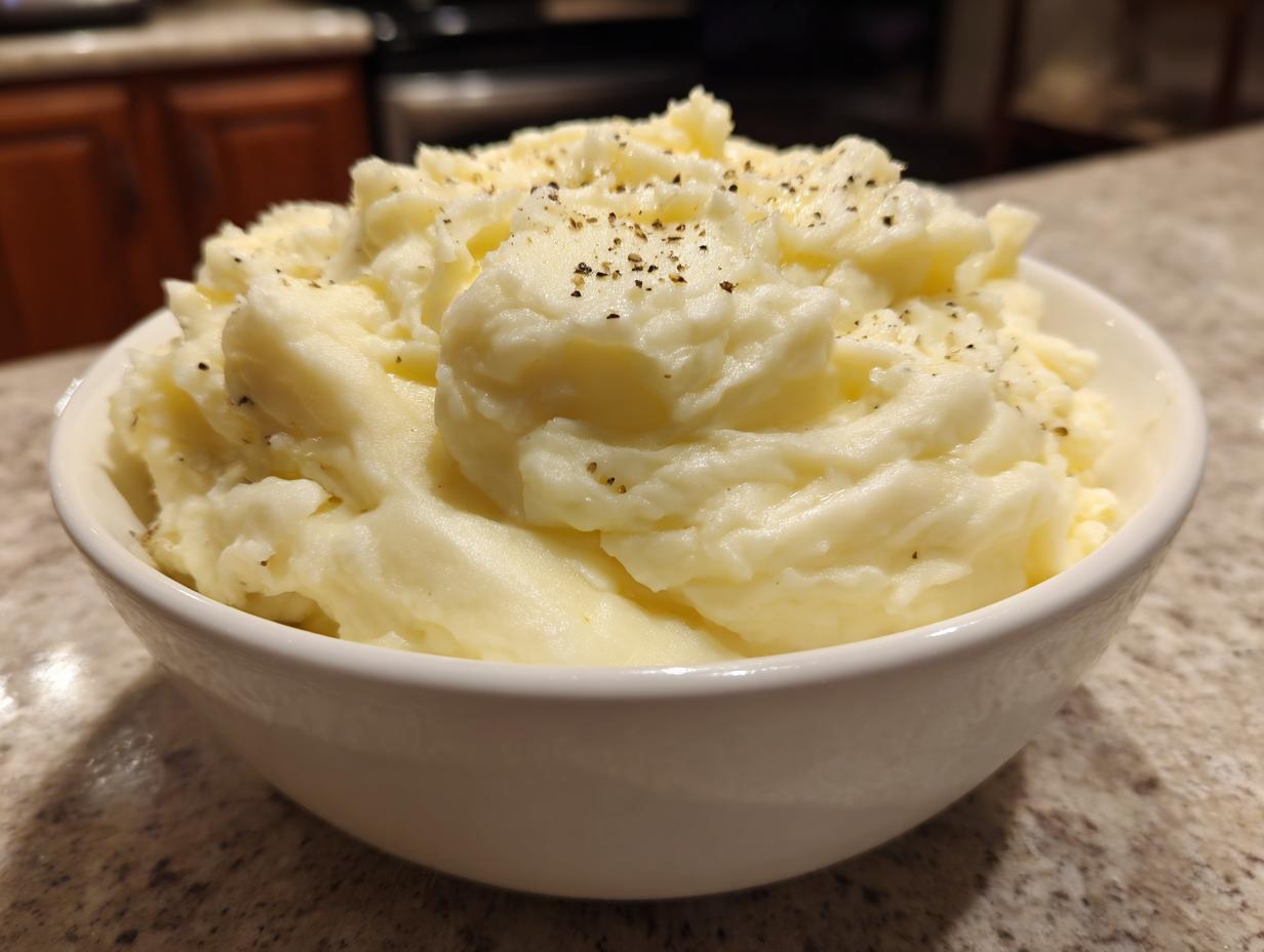 A close-up of creamy slow cooker mashed potatoes topped with fresh black pepper, served in a white bowl.