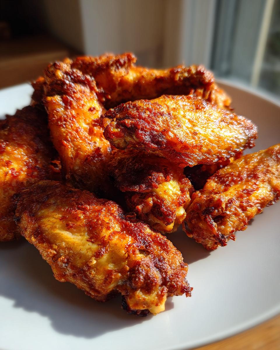 Close-up of several golden brown, crispy baked chicken wings piled on a white plate.