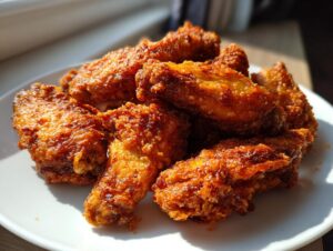 A pile of golden brown, perfectly textured crispy baked chicken wings served on a white plate.