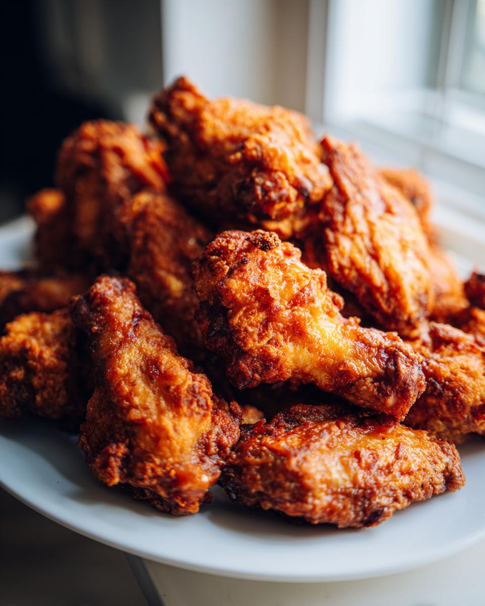 A close-up of a generous pile of golden brown, crispy baked chicken wings served on a white plate.