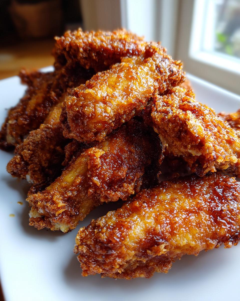 A pile of glossy, golden-brown crispy baked chicken wings stacked on a white plate.