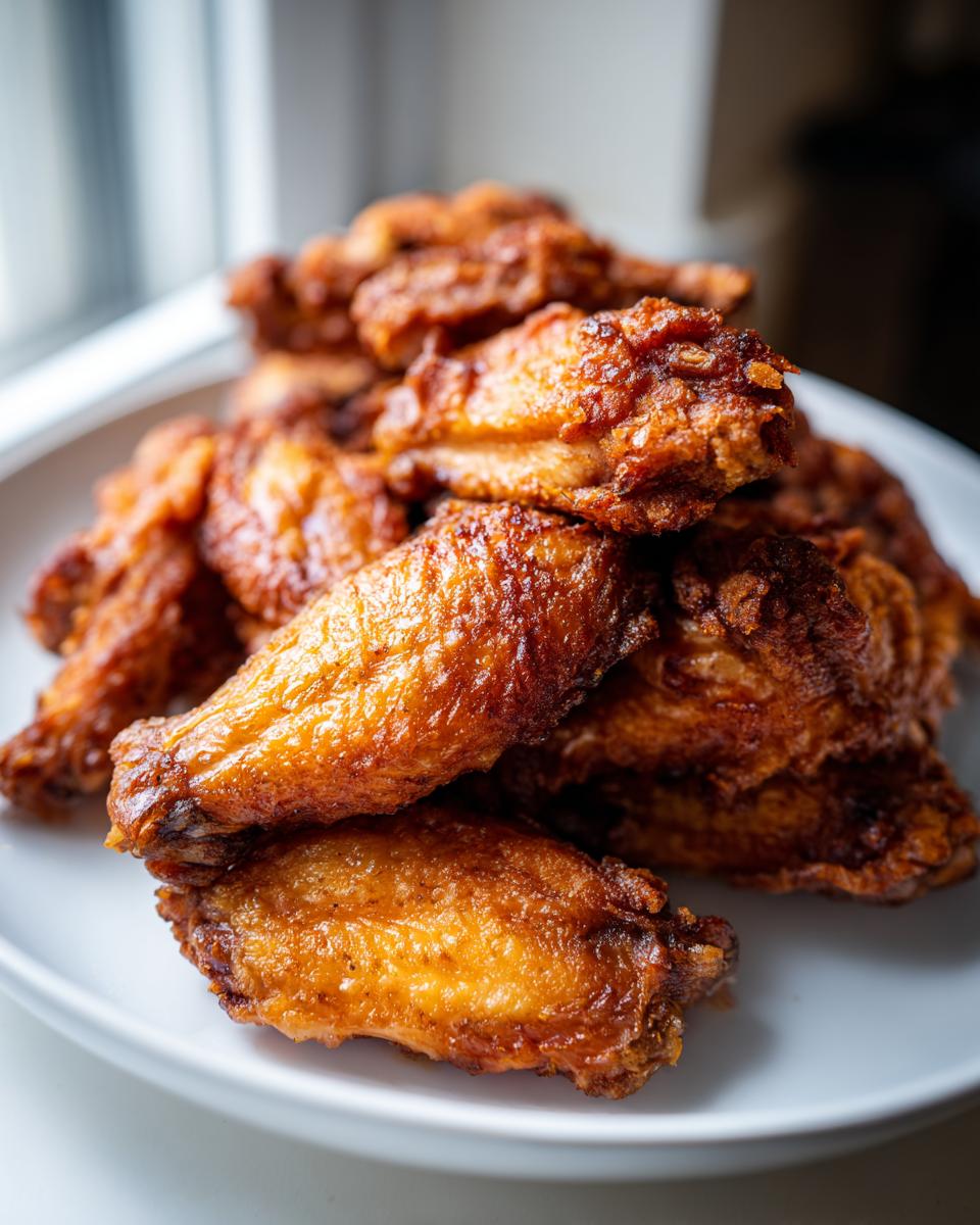 A close-up of a mound of golden brown, crispy baked chicken wings piled high on a white plate.