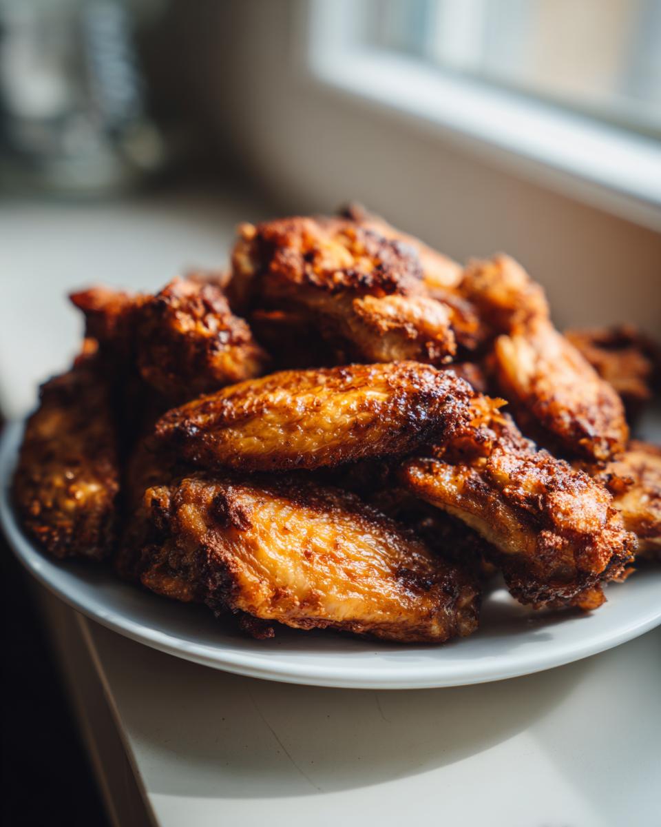 A close-up of a white plate piled high with perfectly cooked, crispy, golden brown chicken wings.