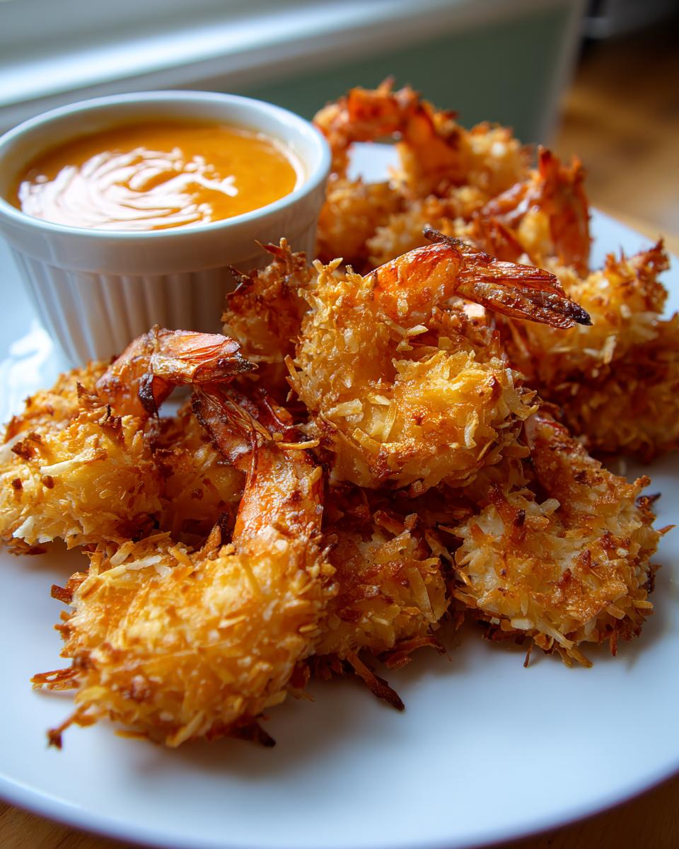 A plate piled high with golden brown, crispy coconut shrimp served next to a small white ramekin of orange dipping sauce.