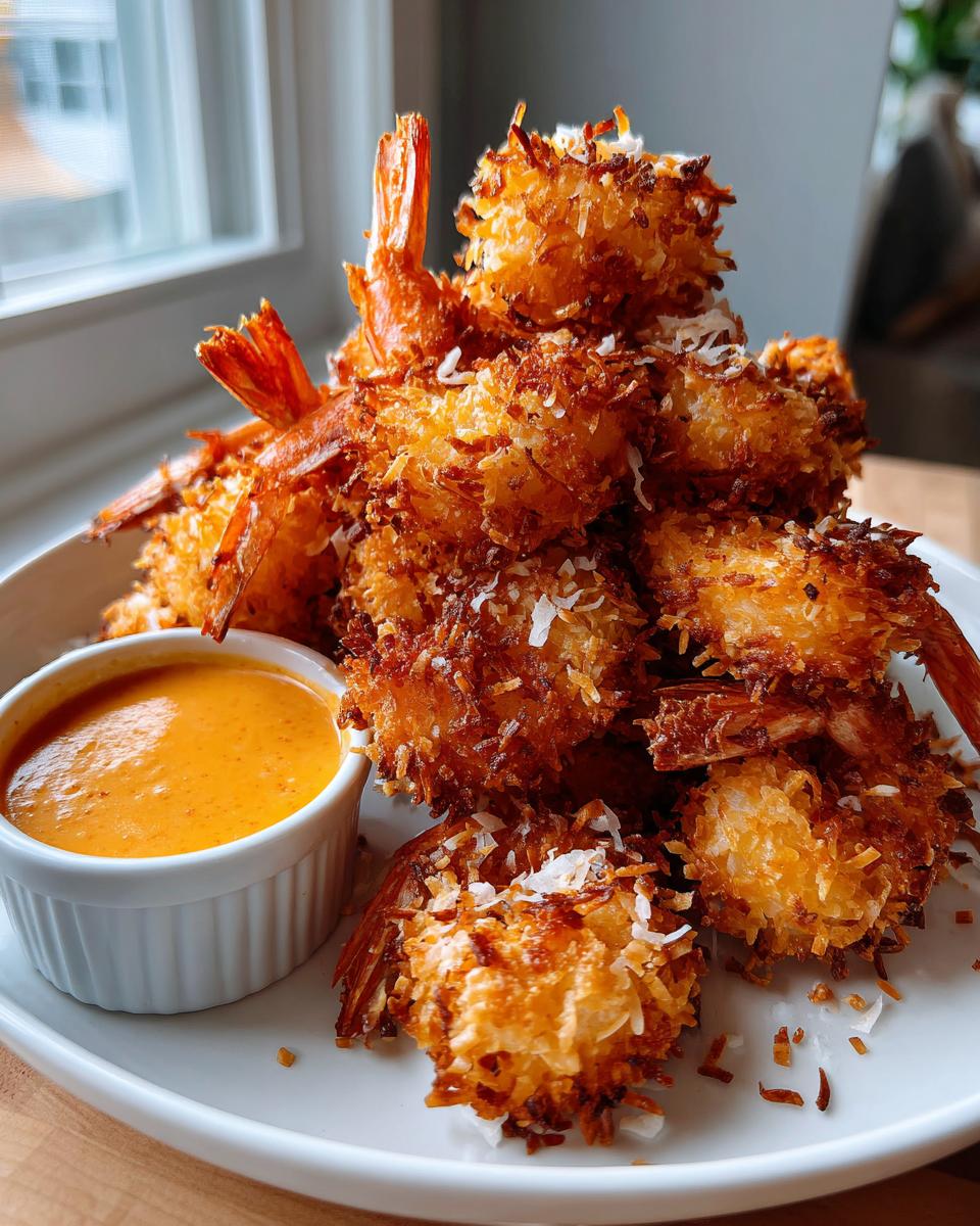 A pile of golden brown, crispy coconut shrimp served on a white plate next to a small ramekin of orange dipping sauce.