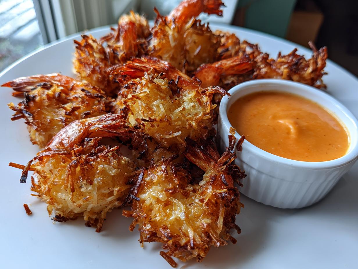 A plate of golden brown, crispy coconut shrimp served with a small white ramekin of orange dipping sauce.
