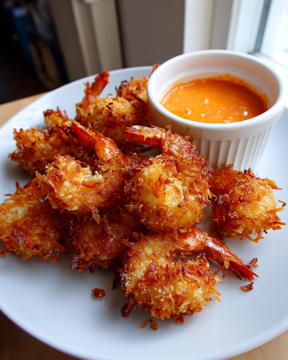 A plate piled high with golden brown, crispy coconut shrimp served alongside a small white ramekin of orange dipping sauce.