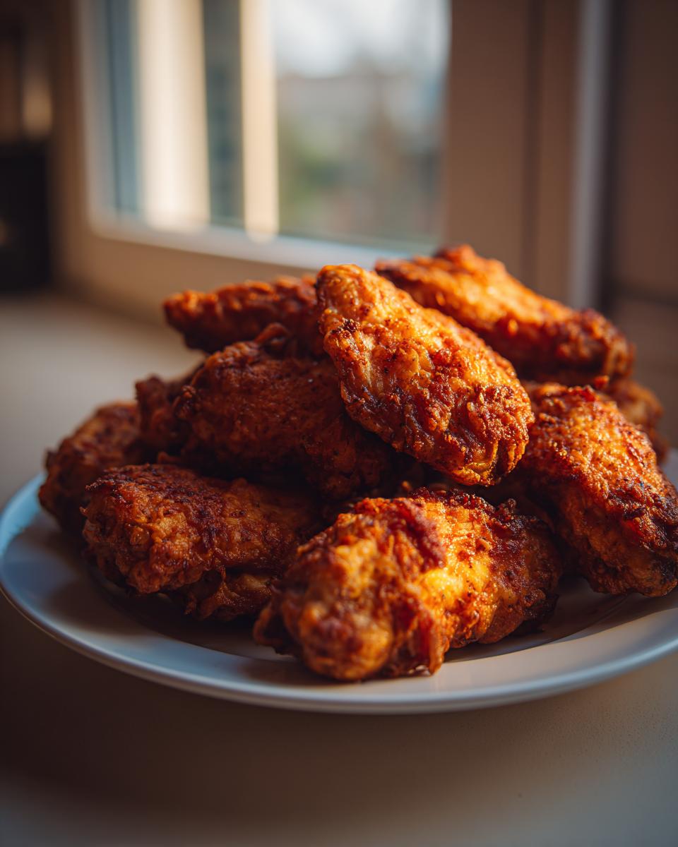 A pile of golden brown, crispy fried chicken wings resting on a white plate near a window.