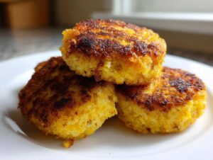 Three golden-brown, crispy fried cornbread patties stacked on a white plate, showing a deep, caramelized crust.