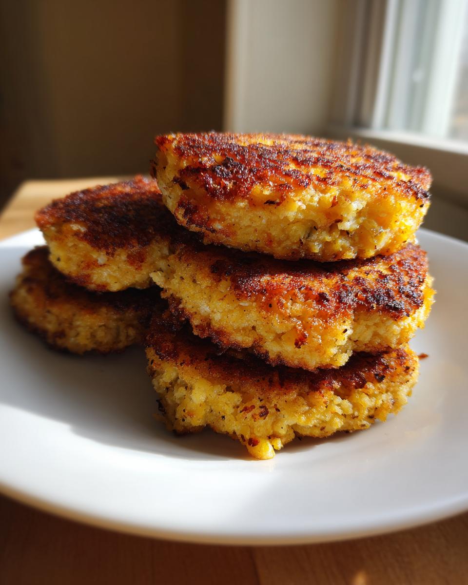 A stack of four golden-brown, crispy fried cornbread patties resting on a white plate.