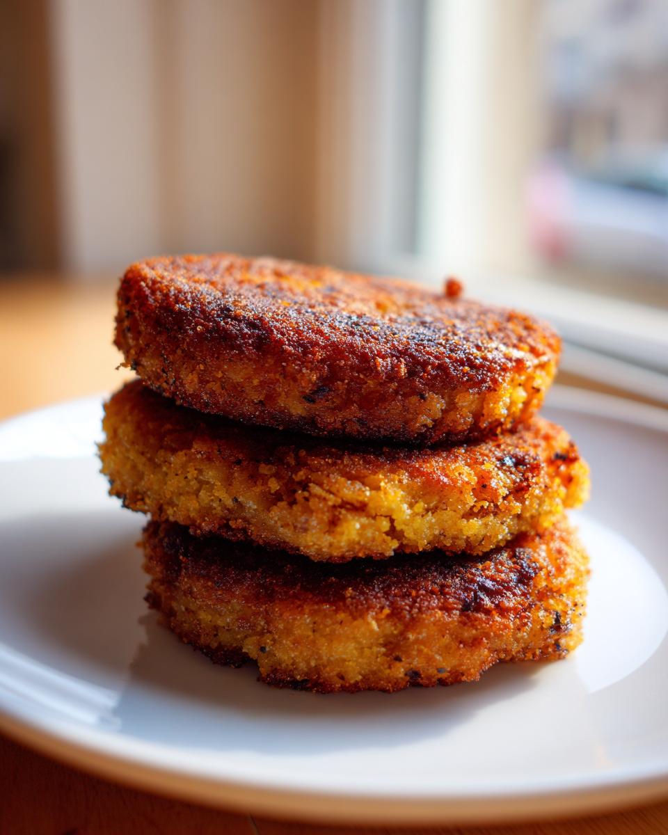 Three perfectly stacked, golden-brown, crispy fried cornbread patties on a white plate.