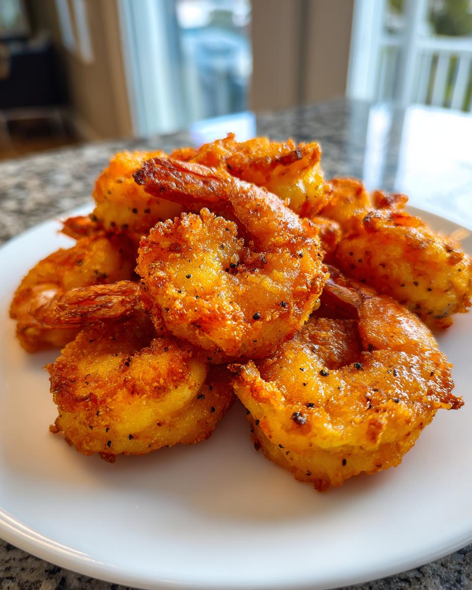 A close-up of a pile of golden brown, perfectly seasoned fried shrimp on a white plate.