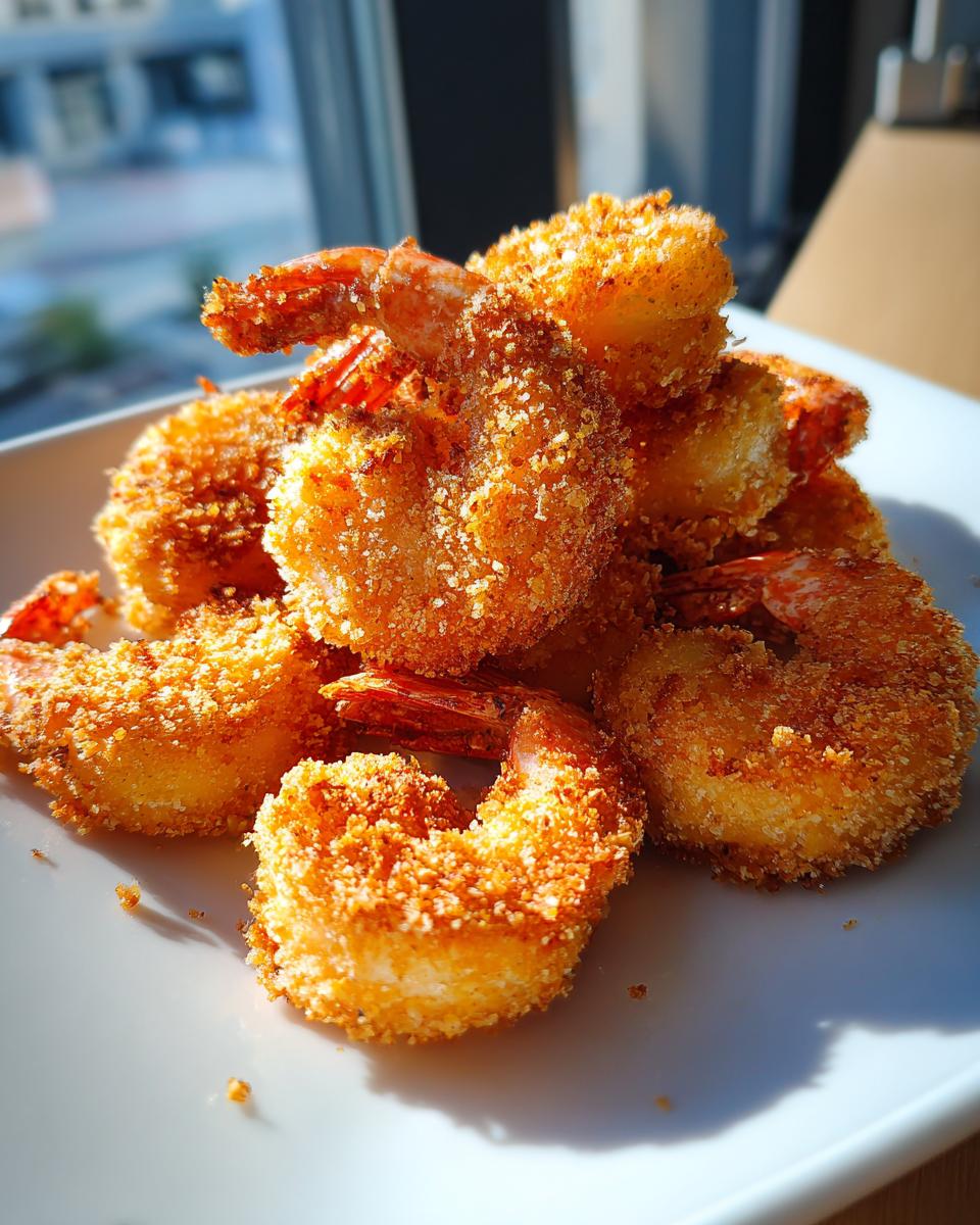 A close-up of golden brown, crispy fried shrimp stacked on a white plate, tails intact.