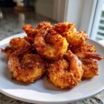A close-up of perfectly golden brown, crispy fried shrimp piled high on a white plate.