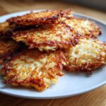 Close-up of several perfectly fried, golden brown potato latkes stacked on a white plate.