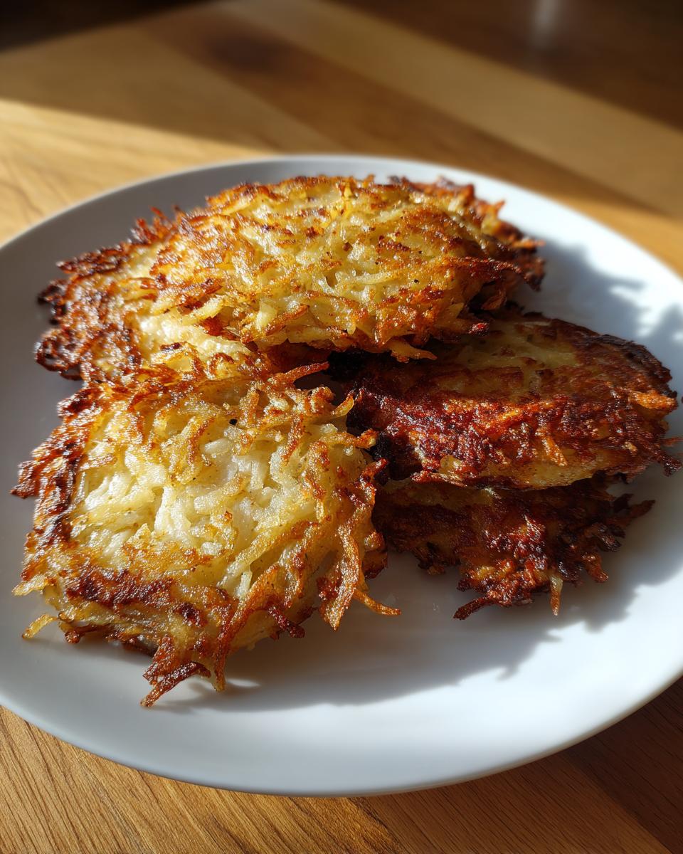 A stack of four golden-brown, crispy Potato latkes resting on a white plate, illuminated by sunlight.