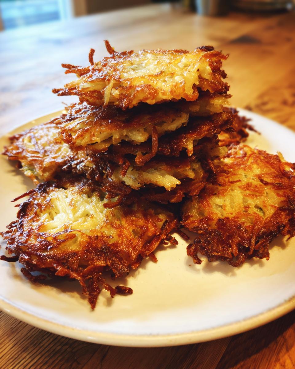 A stack of perfectly crispy, golden brown potato latkes piled high on a white plate.