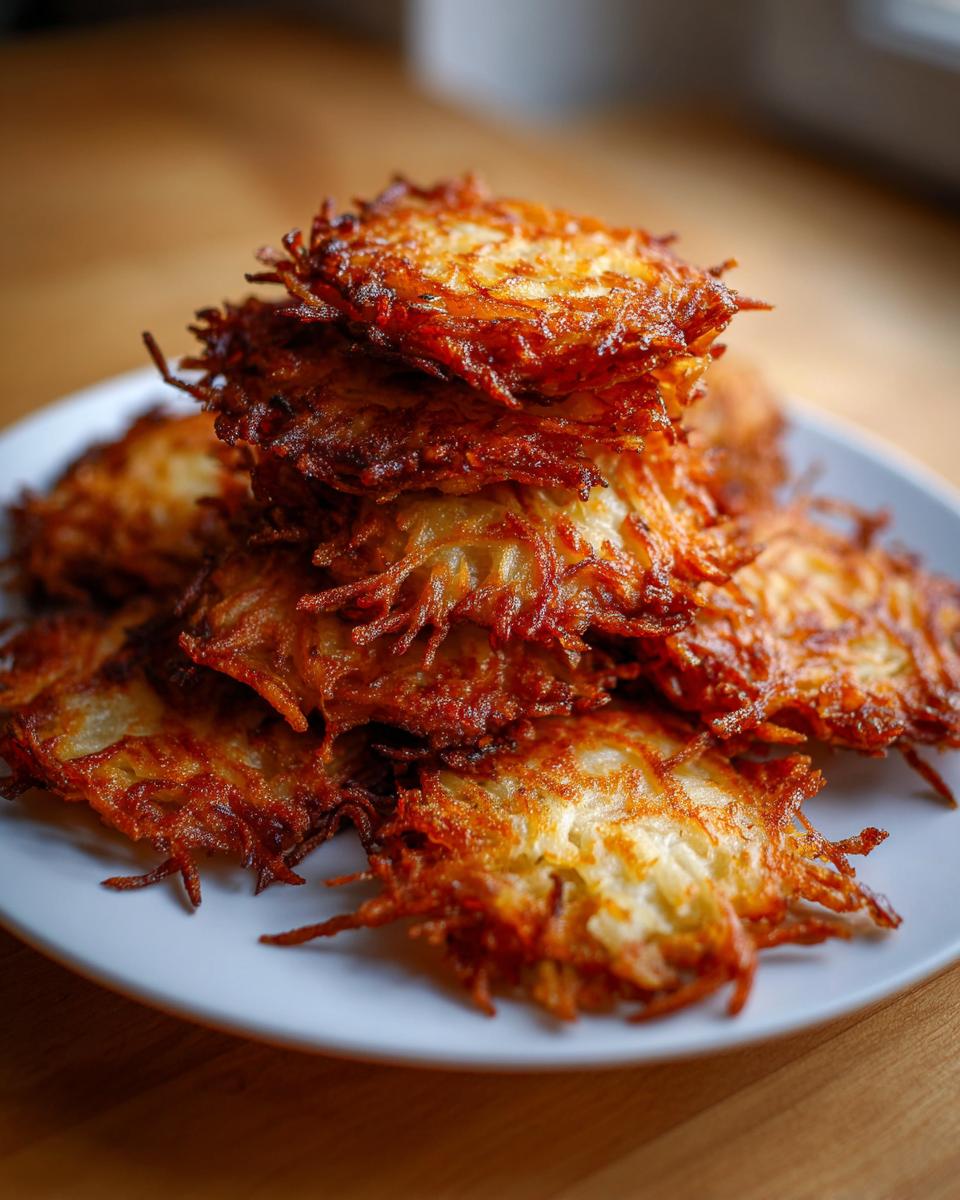 A tall stack of perfectly golden brown and crispy potato latkes piled high on a white plate.