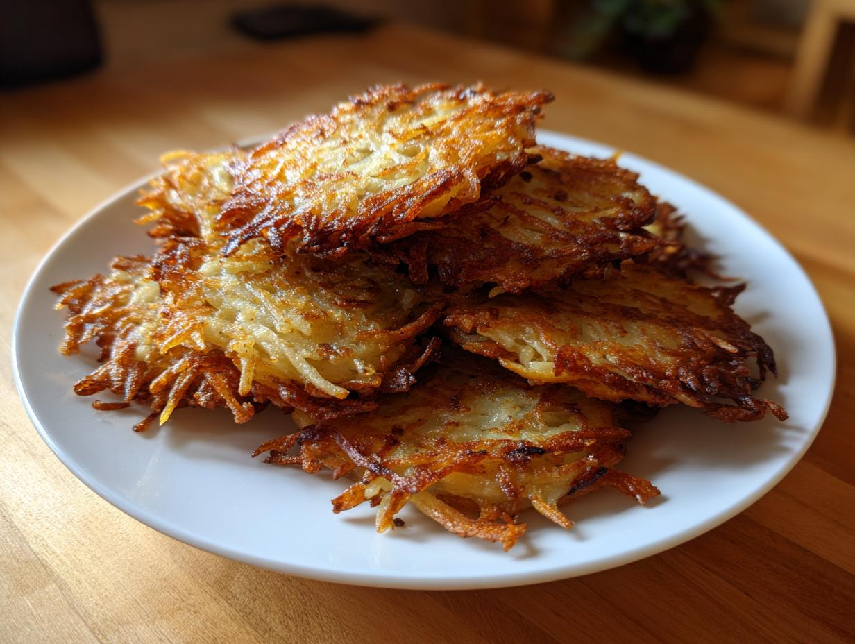 A stack of golden-brown, crispy potato latkes with shredded edges served on a white plate.