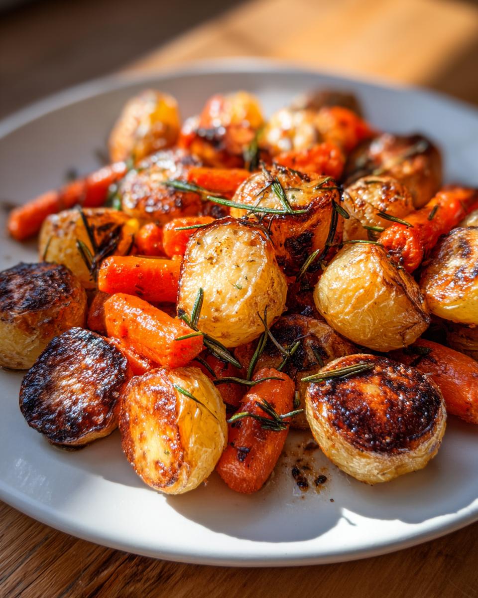 A close-up of perfectly caramelized roasted potatoes and carrots seasoned with fresh rosemary sprigs.
