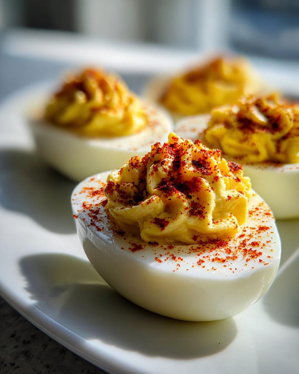 Close-up of a beautifully piped deviled eggs half, sprinkled generously with bright red paprika.