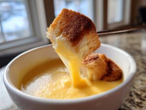 A piece of toasted bread is dipped into a white bowl of creamy, melted cheese fondue, showing a long, gooey stretch.