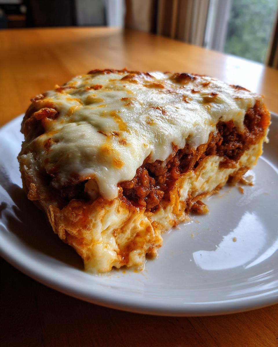 A close-up of a hearty slice of Dorito Casserole topped with melted, bubbly cheese.