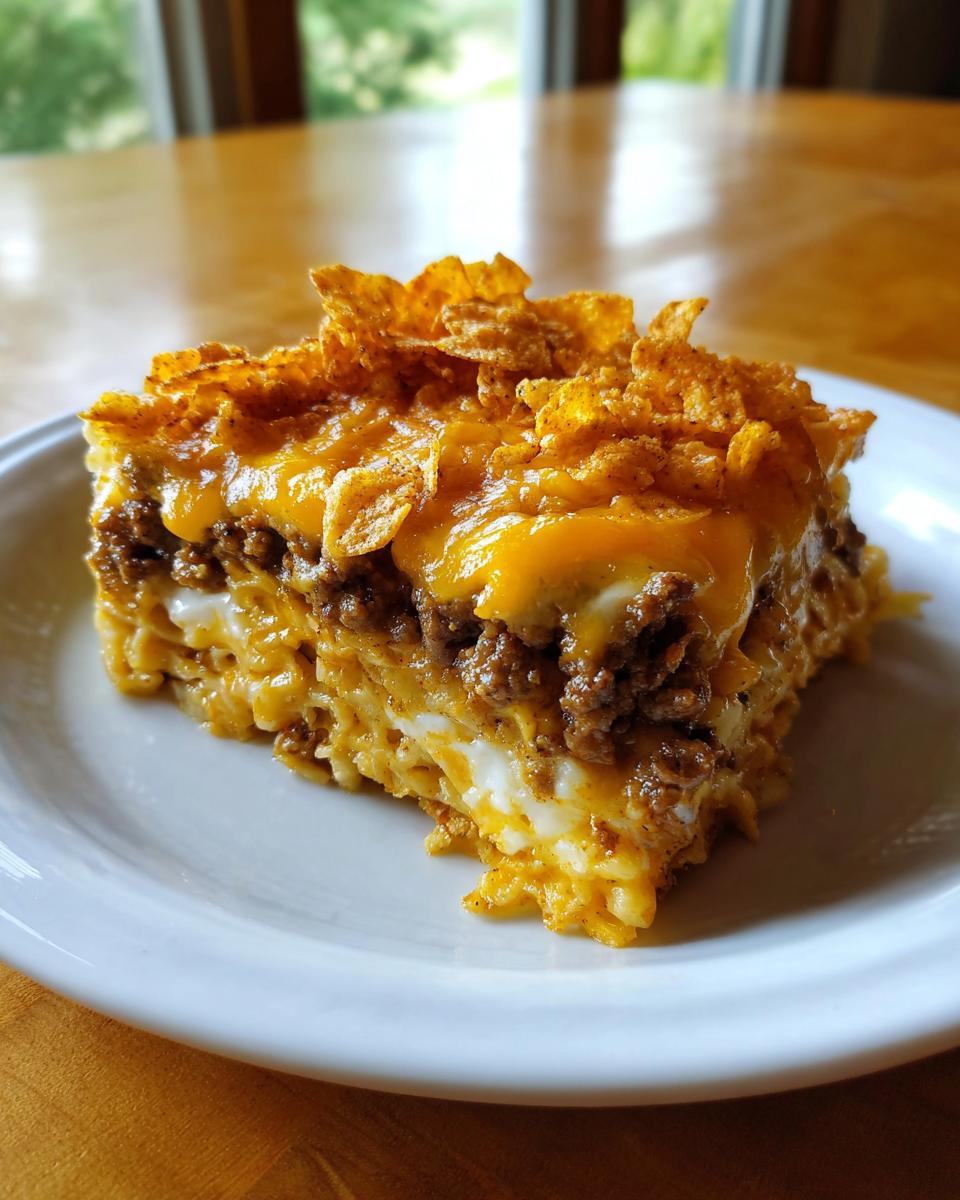 A square slice of Dorito Casserole featuring layers of ground beef, cheese, and a crunchy Dorito topping.