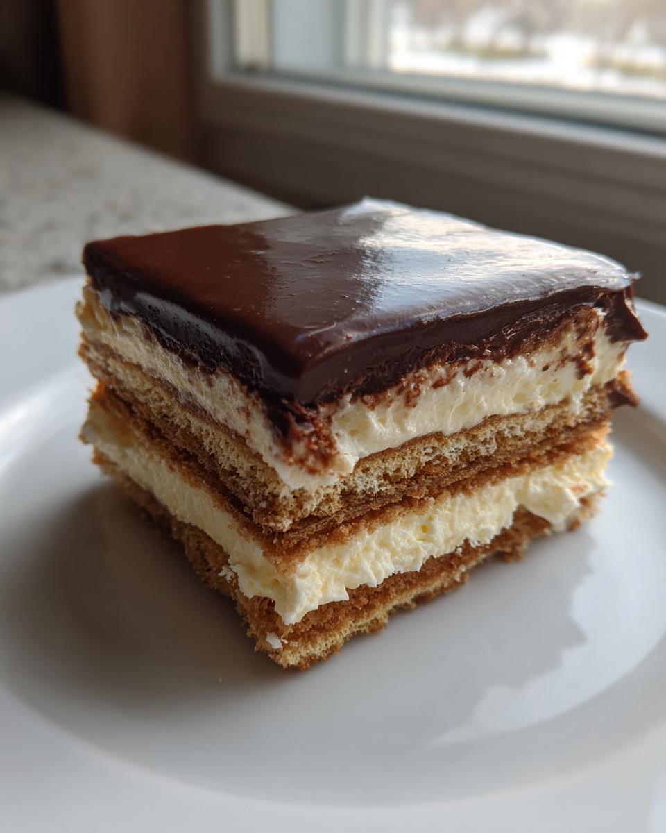 A square slice of layered eclair cake with graham crackers, cream filling, and chocolate glaze.