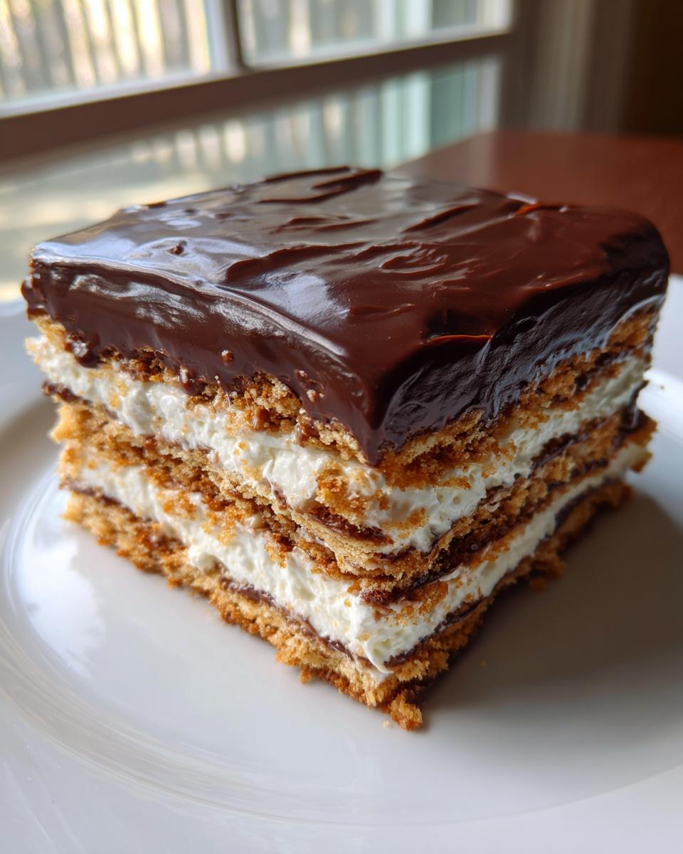 A square slice of layered eclair cake with graham crackers, cream filling, and chocolate glaze.