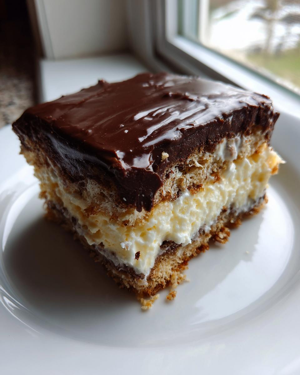 A single serving slice of eclair cake featuring graham crackers, vanilla cream filling, and chocolate frosting.