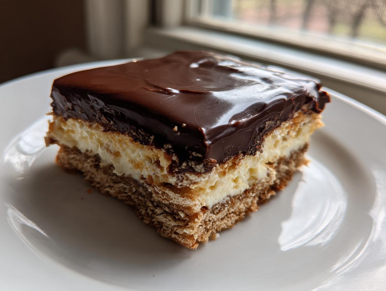 A square slice of layered eclair cake with a graham cracker crust, creamy filling, and shiny chocolate frosting.