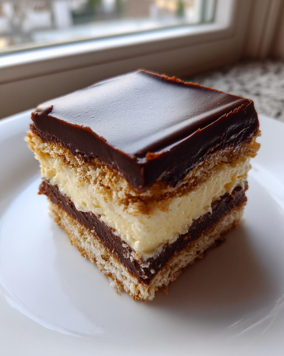 A square slice of layered eclair cake featuring graham crackers, vanilla cream, chocolate pudding, and a shiny chocolate glaze.