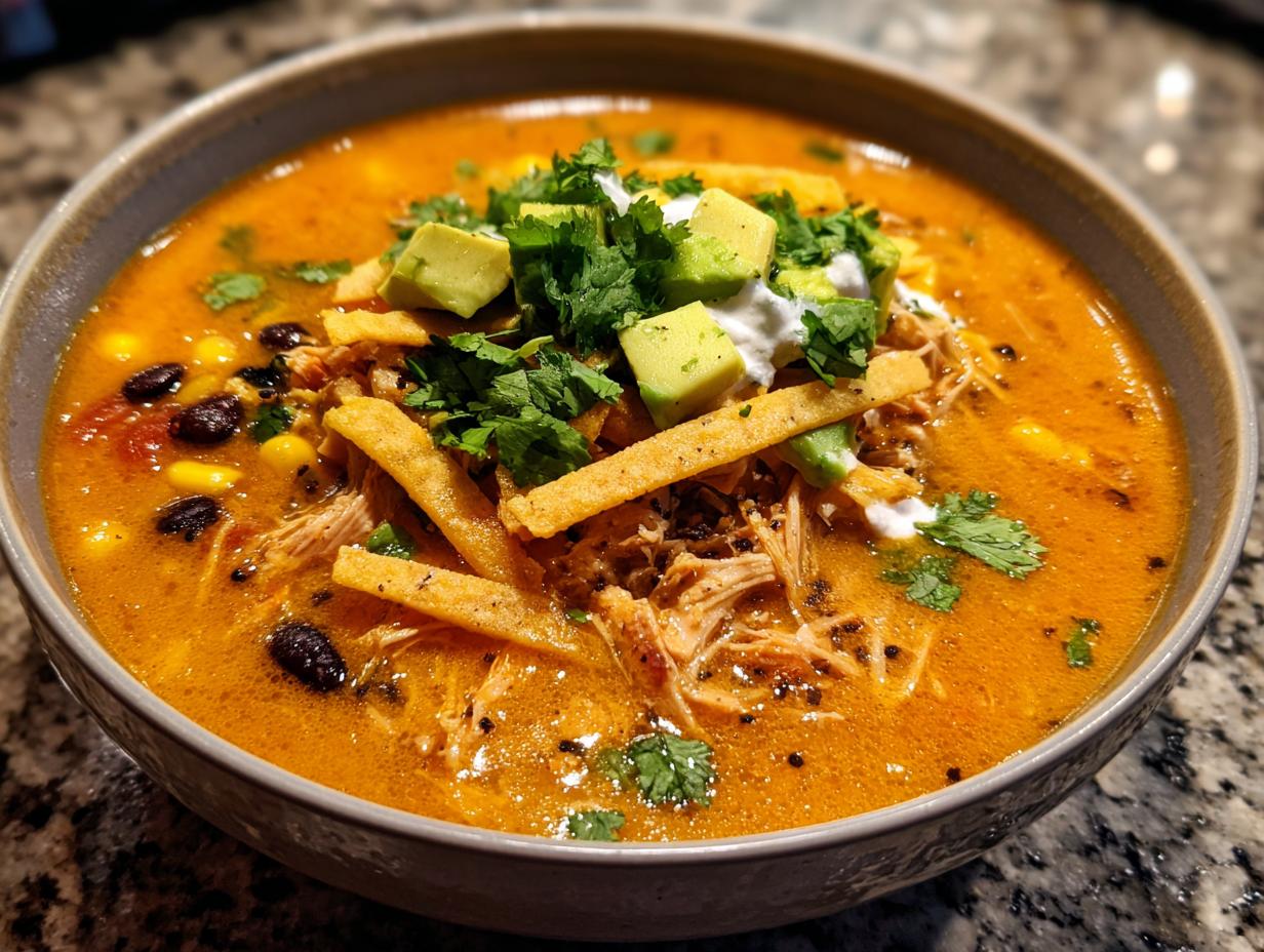 A close-up of a bowl of rich, orange chicken tortilla soup topped with shredded chicken, avocado, sour cream, and crispy tortilla strips.