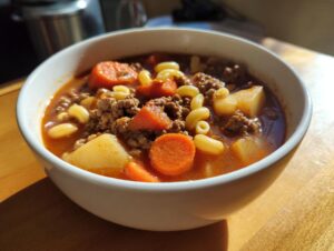 A close-up of a white bowl filled with rich hamburger soup featuring ground beef, carrots, potatoes, and elbow macaroni.