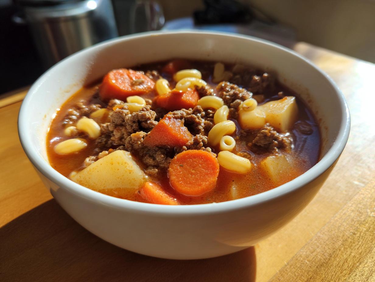 A close-up of a white bowl filled with rich hamburger soup featuring ground beef, carrots, potatoes, and elbow macaroni.