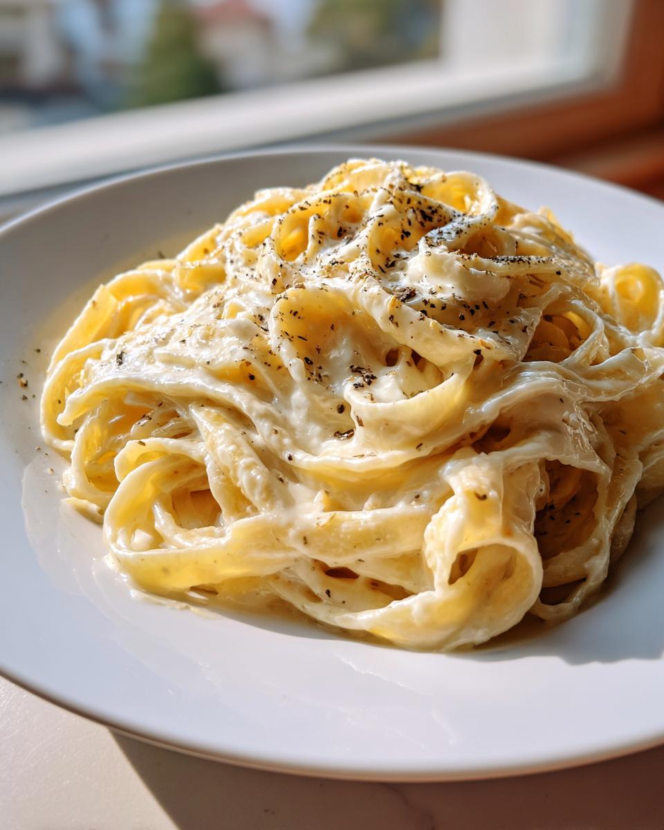 A plate of fettuccine pasta generously coated in creamy homemade alfredo sauce and sprinkled with pepper.