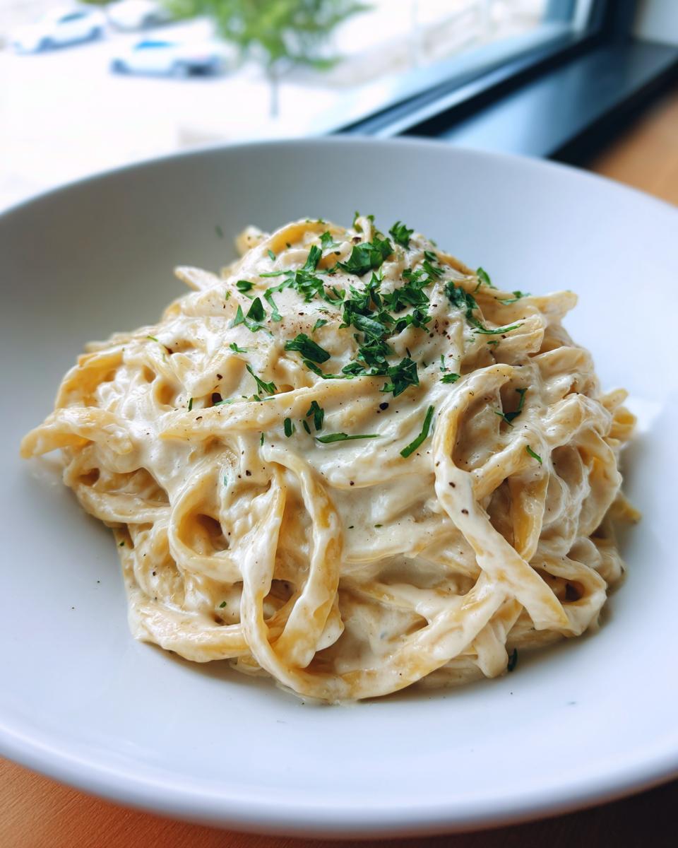 Close-up of fettuccine pasta coated in rich homemade alfredo sauce, topped with fresh parsley.
