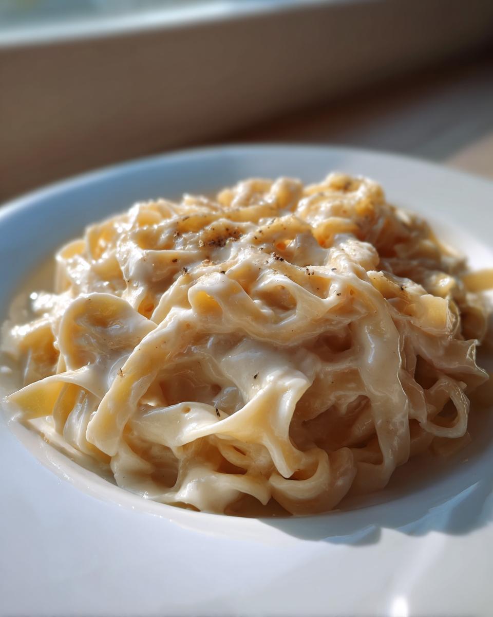 Close-up of fettuccine pasta generously coated in rich homemade alfredo sauce and topped with cracked black pepper.