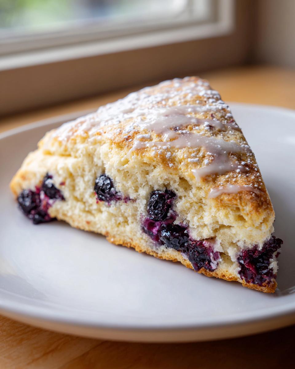 Close-up of a triangular blueberry scone topped with white glaze and powdered sugar on a white plate.